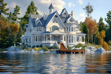 Obraz premium Lakeside Victorian Mansion 3D Illustration