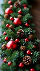 Christmas Garland With Red Ornaments, Pine Cones, And Pine Branches