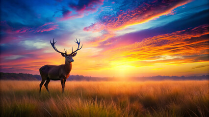 lone deer stands majestically against vibrant sunset sky, evoking tranquility