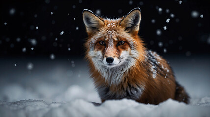 Obraz premium Professional winter photography of a snow fox snowflakes on its fur and a dark background bringing out the delicate details of the fur