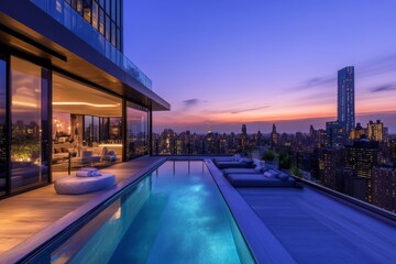 Modern rooftop infinity pool with city skyline at sunset