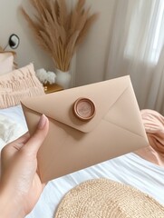 Elegant envelope held in hand with cozy bedroom setting and natural decor