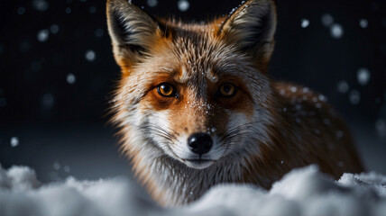 Obraz premium Stunning image of a snow fox in the snow snowflakes on its fur set against a dark background in professional winter photography