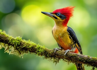 Fototapeta premium red and yellow woodpecker with small crest on head, perched on branch in green forest background