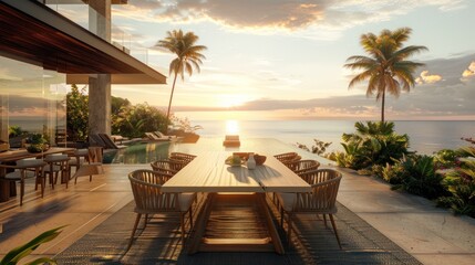 Fototapeta premium Terrace dining table with sea view at sunset, AI generated image