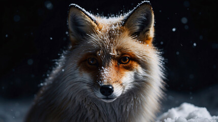 Fototapeta premium A breathtaking snow fox captured in winter snowflakes on its fur set against a dark background in a professional photography shot