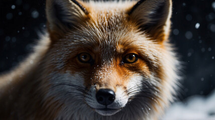 Fototapeta premium Beautiful snow fox in a wintery scene snowflakes on its fur professionally captured with a dark background for a striking look