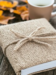 A rustic journal wrapped in twine sits on a wooden surface, surrounded by autumn leaves and a cup of coffee, evoking a cozy, reflective atmosphere.