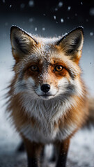 Obraz premium Beautiful winter scene featuring a snow fox with snowflakes on its fur captured with professional lighting against a dark dramatic background