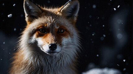 Obraz premium Captivating snow fox in the winter with snowflakes delicately falling on its fur shot against a dark background in professional photography