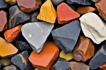 Colorful assortment of natural stones in various shapes and sizes scattered together on a surface