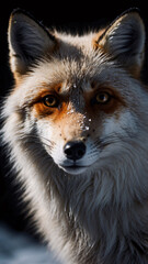 Fototapeta premium Close up shot of a snow fox with snowflakes gently falling on its fur captured in professional winter photography against a dark background