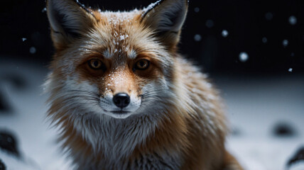 Obraz premium Exquisite professional photograph of a snow fox in winter snowflakes resting on its fur with a dark background highlighting its majestic beauty