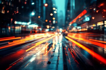 City street at night with colorful light reflections