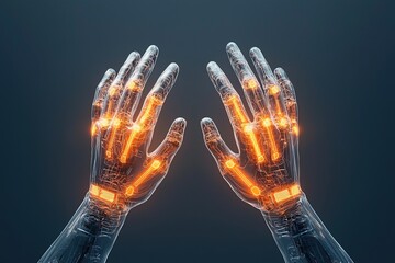 Naklejka premium Futuristic robotic hands with glowing elements, representing advanced technology and innovation in artificial intelligence and robotics.