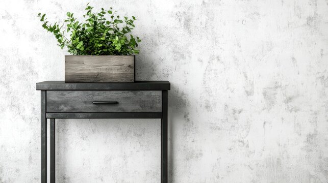 Plant in wooden box on metal side table against textured wall; home decor