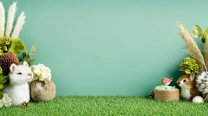 Whimsical cartoon backdrop featuring animated animals, including mouse, squirrel, and bird, surrounded by greenery and flowers, creating playful and vibrant scene