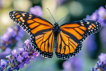 Fototapeta premium Closeup of two monarch butterflies on lavender flowers
