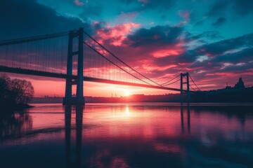 Obraz premium Scenic sunset over a calm ocean with silhouette of a bridge