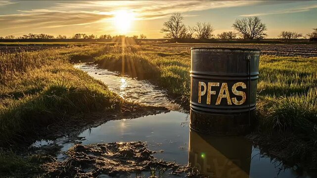 PFAS chemical container on the ground near a wetland during sunset, highlighting environmental contamination issues