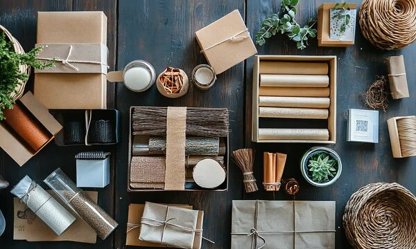 A flat lay of craft supplies and packaging materials for creative projects.