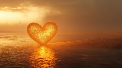 Fototapeta premium Magical glowing heart shaped reflection shimmering and sparkling on the calm serene surface of a tranquil ocean at sunset The warm golden glow of the setting sun casts a dreamy