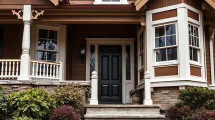 Fototapeta premium A brown Craftsman-style house's front entrance features a dark-colored door, white trim, stone foundation, and a porch with white railings. Landscaping includes various green shrubs.