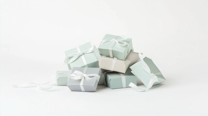 Mint Green and Gray Gift Boxes with White Ribbons
