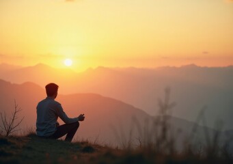 Meditation at sunset overlooking a serene valley with vibrant colors in the sky