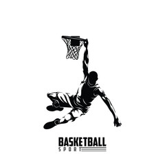 Vector illustration of the silhouette of a basketball player, drawn in black and white vector art style. Suitable for logo design, sports merchandise, posters, etc.