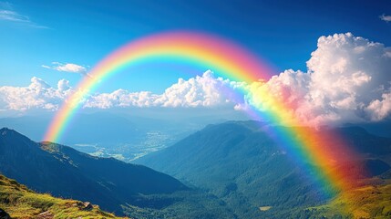 A vibrant rainbow arches over lush mountains and a serene valley under a bright sky.