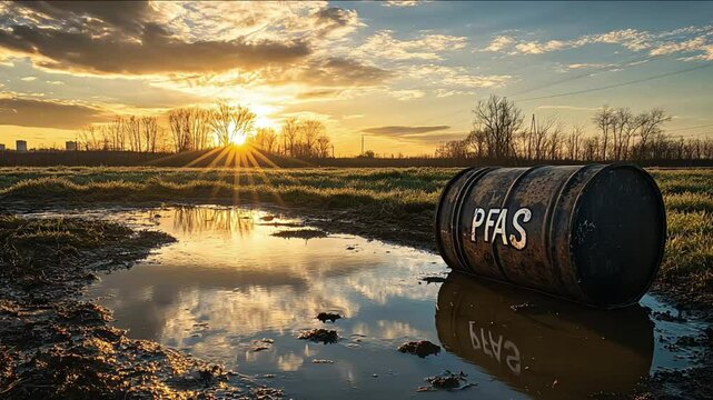 PFAS chemical container on the ground near a wetland during sunset, highlighting environmental contamination issues