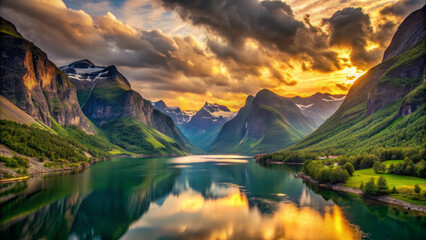 Breathtaking panoramic view of Nordic fjord at sunset, reflecting mountains