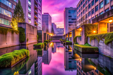 Fototapeta premium serene cityscape at twilight, featuring reflections in water and vibrant colors