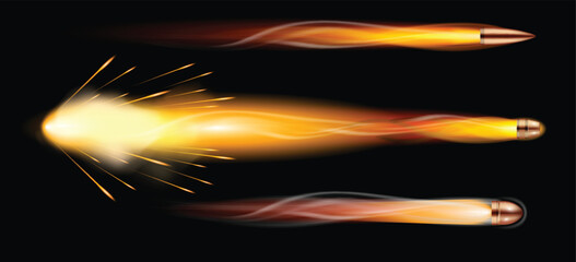 Set illustration of bullets in motion, showcasing the intense speed and energy as they travel through space. The image features a close-up view of glowing projectiles with trails of fiery light and