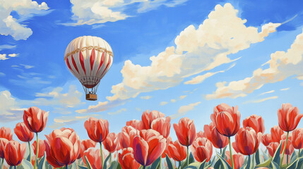 Breathtaking hot air balloon floating above vibrant tulips under blue sky