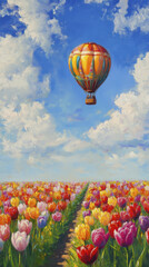 Obraz premium vibrant hot air balloon floats above colorful tulip field under bright sky