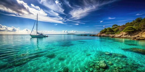 Obraz premium Secluded Coast, Translucent Sea, Solitary Yacht - AI Photo