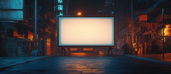 Blank billboard standing in the middle of a city street at night with streetlights and building lights.