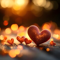 Obraz premium Glowing Crimson Hearts Adrift in a Warm Bokeh Embrace