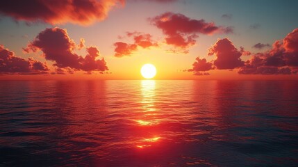 Fototapeta premium Fiery Sunset over the Ocean: A breathtaking view of the sun dipping below the horizon, painting the sky and sea with vibrant hues of orange and red.