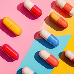 Colorful capsules arranged on a vibrant background, suggesting health or medicine themes.