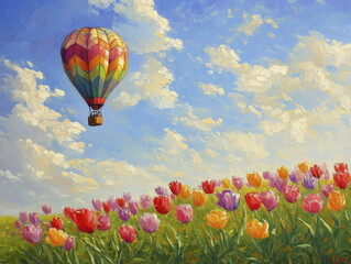 Naklejka premium vibrant hot air balloon floats above colorful tulip field under bright sky. scene captures beauty of nature and adventure