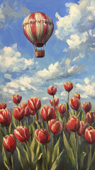 Obraz premium Lush oil painting of red tulips swaying under hot air balloon in blue sky