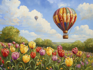 Fototapeta premium Lush hot air balloons soaring over vibrant tulip field under blue skies