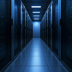 A server room with glowing lights.