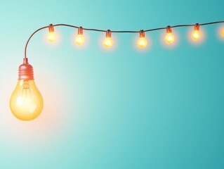 A glowing light bulb hangs among a string of warm, bright lights against a soft turquoise background.