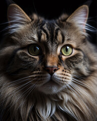 Fototapeta premium Beautiful Norwegian Forest Cat with Flowing Long Fur and Striking Dark Background in Artistic Studio Photo