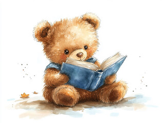 A charming watercolor illustration of a teddy bear reading a book. Soft tones of blue and brown highlight the warmth and innocence of this delightful design.