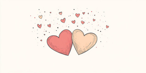 Two intertwined hearts, one pink and one peach, outlined and surrounded by tiny floating hearts on a white background. The minimalistic and warm design radiates love and affection.